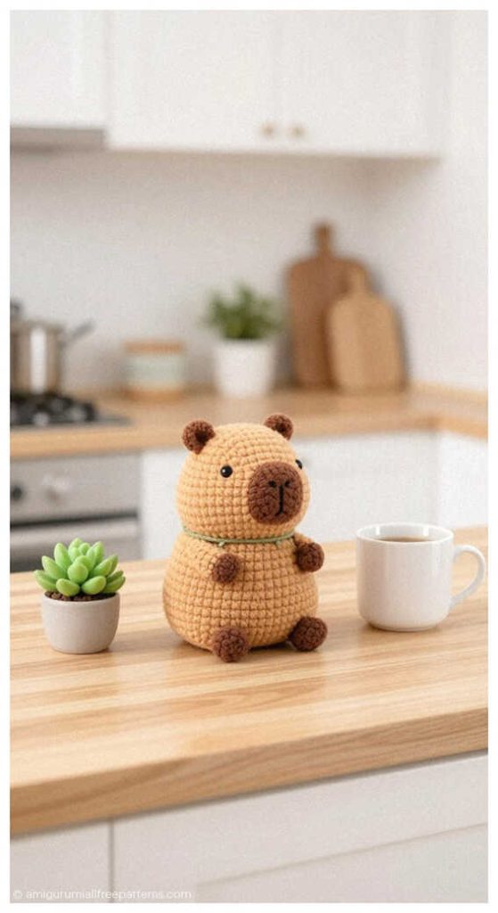 Capybara amigurumi displayed on a modern kitchen counter with a coffee mug and small plant, styled as a cute handmade crochet decor piece.