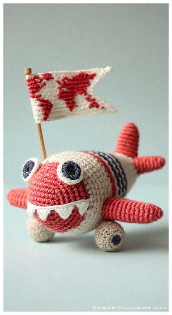 Red and white airplane amigurumi with decorative flag, styled as a handmade crochet kids toy for nursery decor or airplane themed baby room.