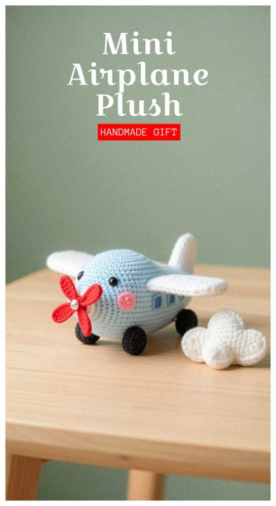 Mini airplane amigurumi plush with red propeller displayed on table, styled as a cute handmade crochet gift idea for boys nursery decor.