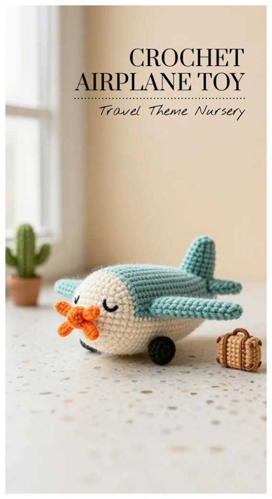 Crochet airplane toy in soft mint color displayed in travel themed nursery setting, styled as a handmade baby gift and kids room decor idea.