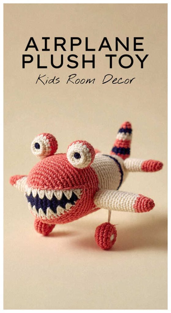 Red airplane amigurumi plush with bold details, styled as a handmade crochet kids room decor piece for airplane themed nursery.