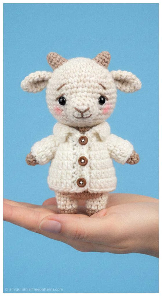 White baby goat amigurumi in buttoned cardigan held in hand, styled as a handmade crochet plush for neutral nursery decor or baby shower gift.