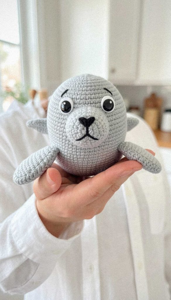 Seal amigurumi crochet toy held in hand, so cute you’ll want to make one today, perfect for nursery decor or a soft handmade gift.