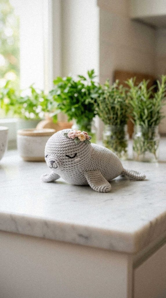 Seal amigurumi crochet plush resting on kitchen counter, you won’t believe how adorable this looks finished, ideal for nursery decor or gift idea.