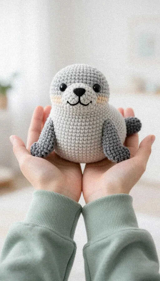 Seal amigurumi crochet doll held in both hands, too cute to ignore once you see it, perfect for nursery decor or a sweet handmade gift.