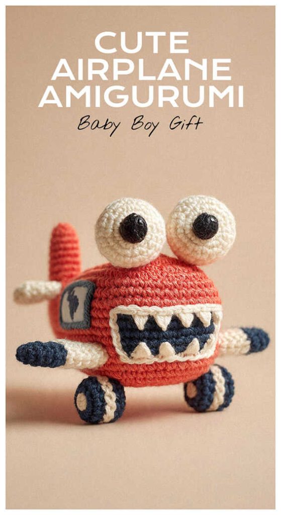 Cute red airplane amigurumi plush with big eyes, styled as a handmade crochet baby boy gift for airplane themed nursery decor.
