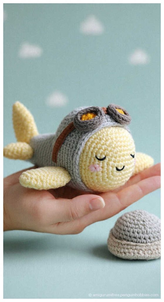 Yellow airplane amigurumi with pilot goggles held in hand, styled as a cute handmade crochet plush for aviation themed nursery decor.