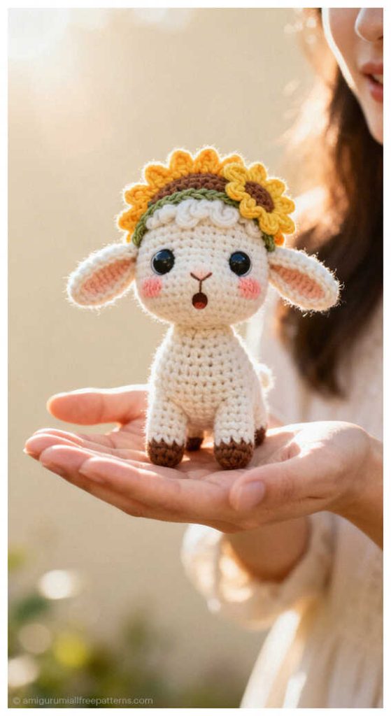 Mini baby goat amigurumi with sunflower headband displayed in hand, styled as a cute handmade crochet plush for spring nursery or baby shower gift.
