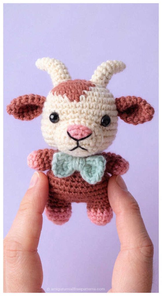 Pink baby goat amigurumi with bow detail held in hand, styled as a soft handmade crochet toy for modern nursery decor or newborn gift.