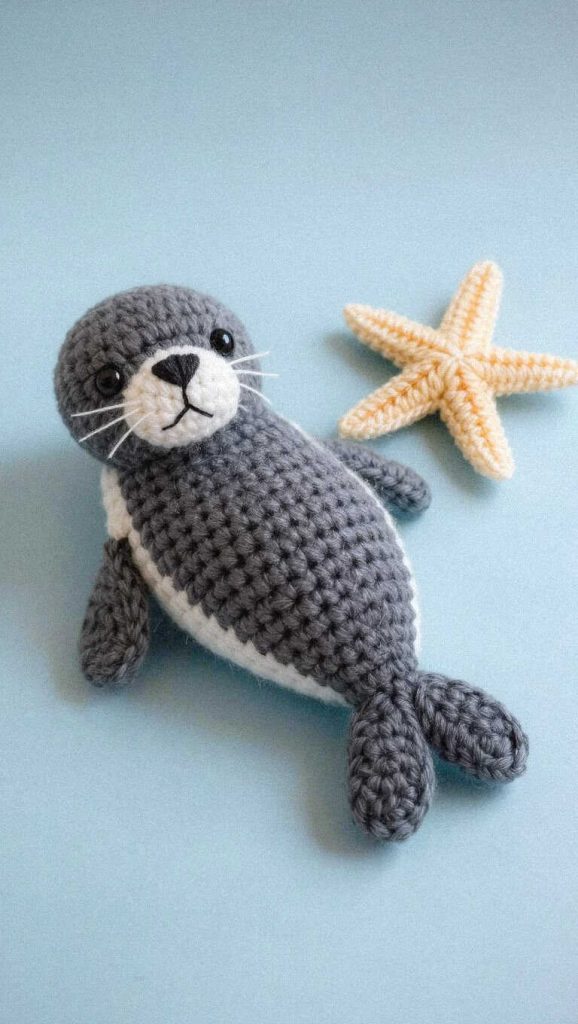 Seal amigurumi crochet plush with starfish detail, this one turns heads right away, ideal for nursery decor or a cute handmade gift idea.