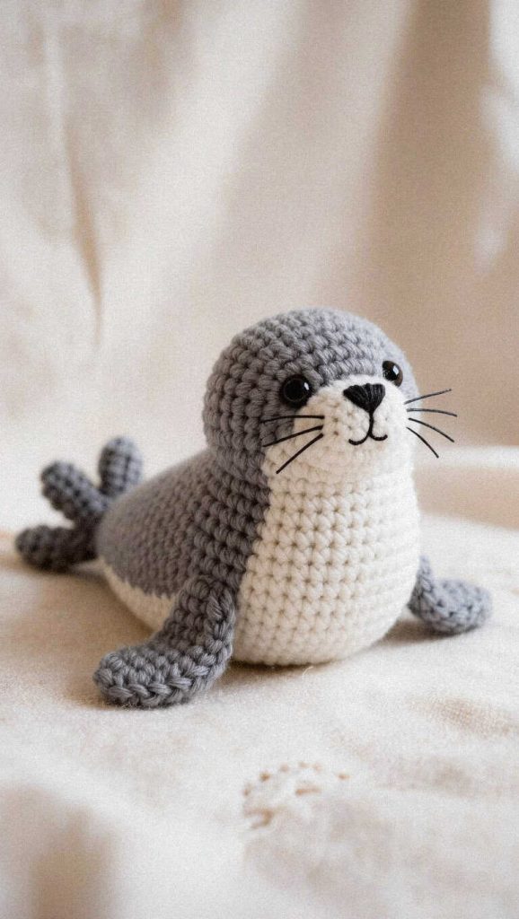 Seal amigurumi crochet toy on soft fabric background, you’ll instantly fall in love with this design, perfect for nursery decor or a handmade gift.
