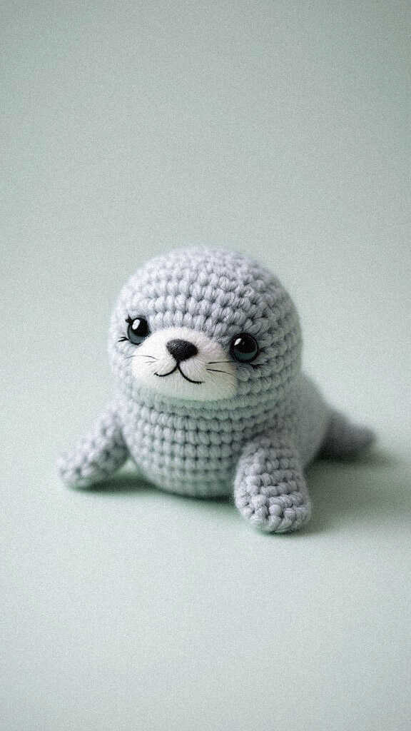Seal amigurumi crochet doll in soft gray tones, so cute it’s hard to scroll past, perfect for nursery decor or a sweet handmade gift.