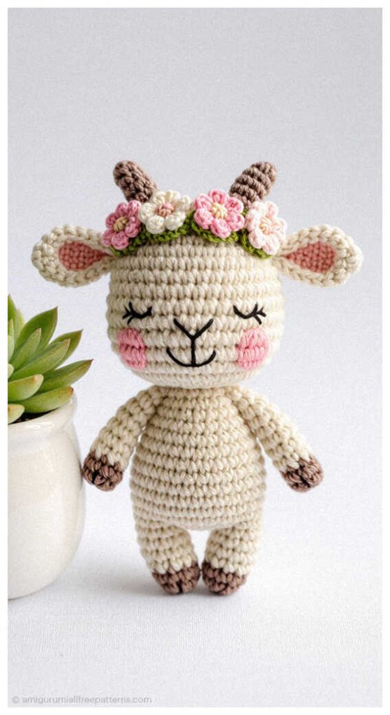 Baby goat amigurumi with floral crown and rosy cheeks, styled as a cute handmade crochet toy for spring nursery decor or newborn gift idea.