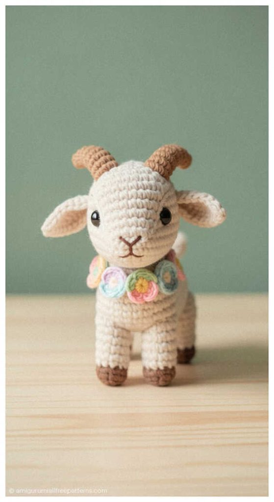 Cream baby goat amigurumi with pastel flower collar, styled as a soft handmade crochet toy for modern nursery decor or newborn gift idea.