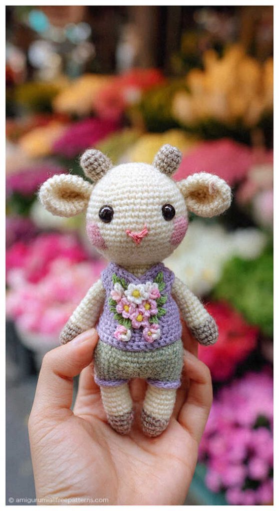 Mini baby goat amigurumi held in hand with floral detail outfit, styled as a cute handmade crochet keepsake for spring nursery or baby gift.