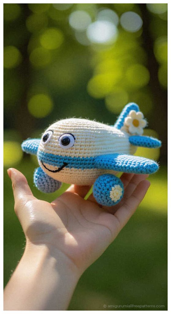 Blue airplane amigurumi held in hand outdoors, styled as a cute handmade crochet gift idea for boys nursery or toddler room decor.