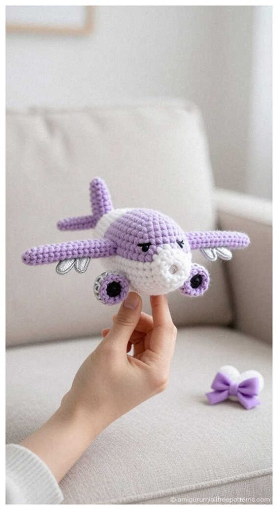 Purple airplane amigurumi held in hand on sofa, styled as a handmade crochet baby gift for modern nursery or toddler room decor.