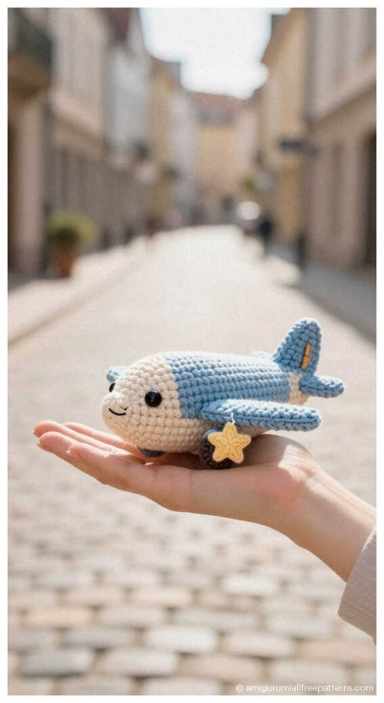 Small blue airplane amigurumi held outdoors, styled as a handmade crochet toy gift for boys nursery or travel themed kids room decor.