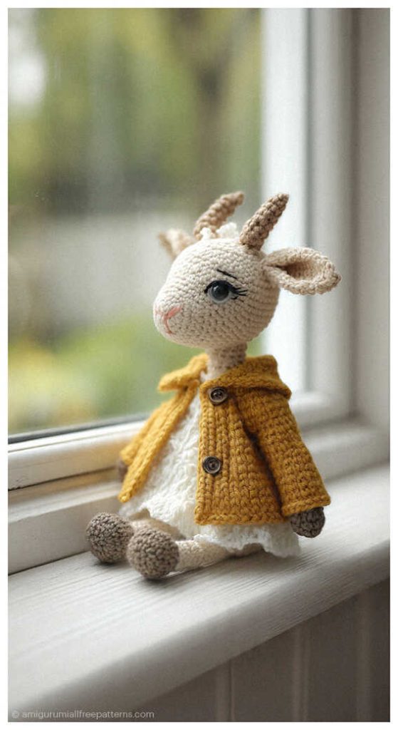 Baby goat amigurumi in mustard cardigan sitting by a window, styled as a cozy handmade crochet plush for nursery decor or baby shower gift.