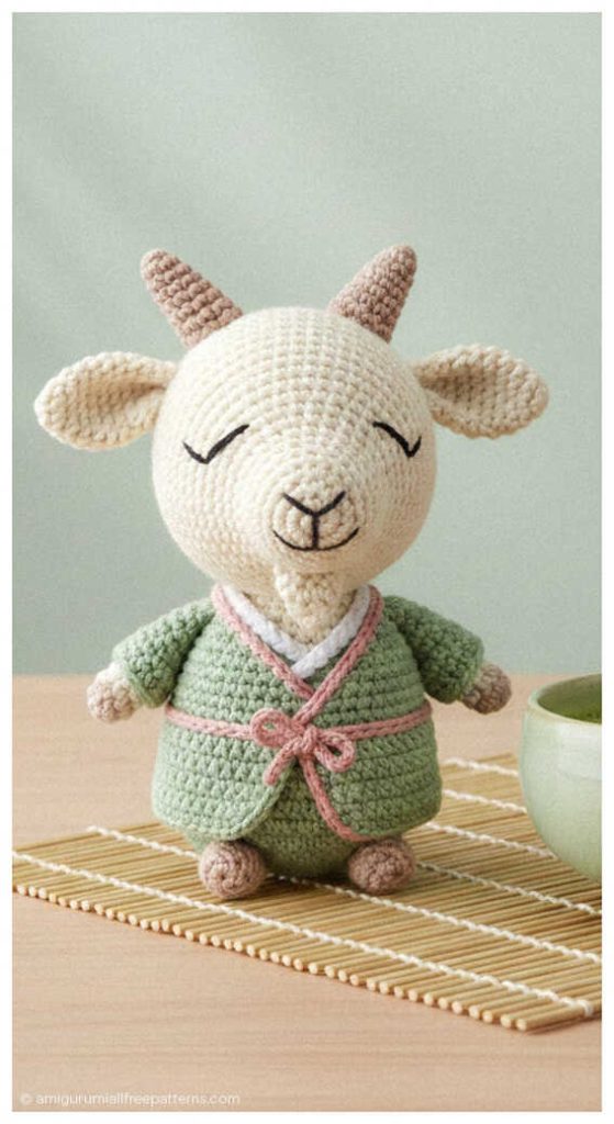 Cream baby goat amigurumi in green outfit sitting on woven mat, styled as a soft handmade crochet plush for nursery decor or spring baby gift.
