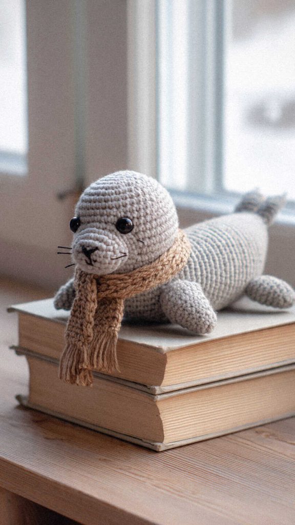 Seal amigurumi crochet toy with scarf on stacked books, you’ll want to make this cozy design right away, perfect for nursery decor or gift idea.