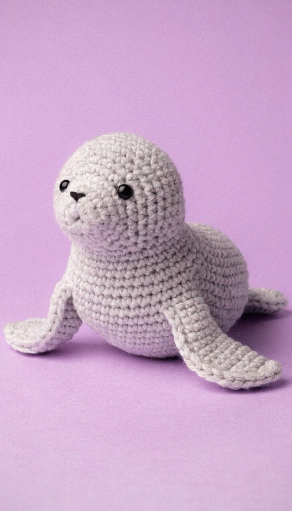 Seal amigurumi crochet plush on pastel background, this design grabs attention instantly, ideal for nursery decor or a soft handmade gift.