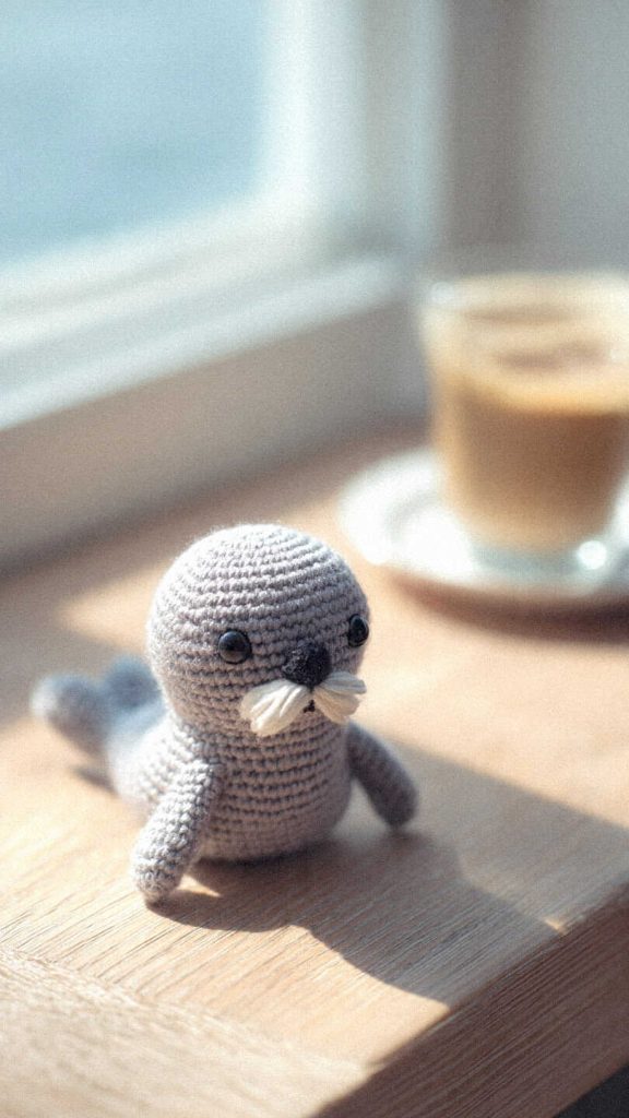 Seal amigurumi crochet doll sitting by coffee cup, so cute it stops you mid scroll, perfect for nursery decor or a sweet handmade gift.