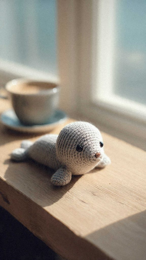 Seal amigurumi crochet toy resting by window light, you’ll want to make this soft design today, perfect for nursery decor or a handmade gift.