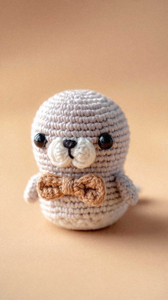 Seal amigurumi crochet plush with bow tie on neutral background, this one instantly catches attention, ideal for nursery decor or a cute gift idea.