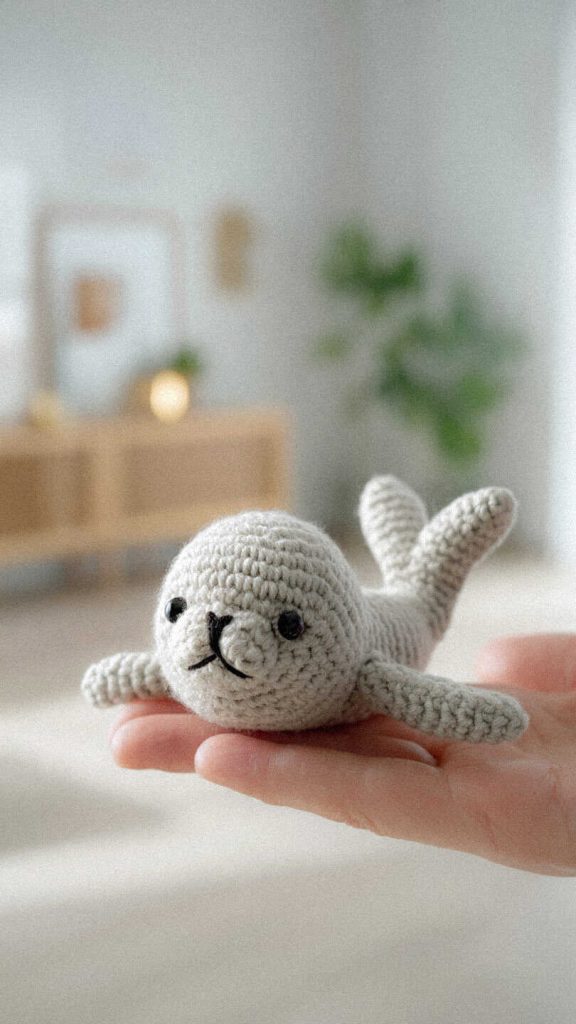 Seal amigurumi crochet doll held in hand, so cute you won’t scroll past it, perfect for nursery decor or a sweet handmade gift.