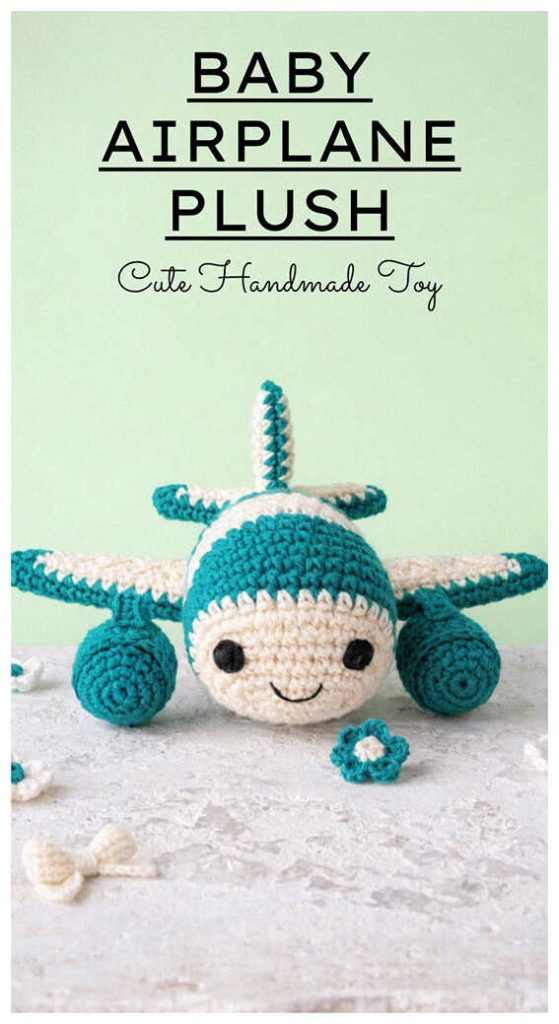 Baby airplane plush amigurumi in teal color, styled as a cute handmade crochet toy for modern nursery or toddler room decor.