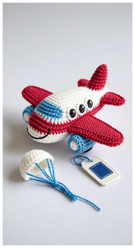 Red airplane amigurumi with small travel accessories, styled as a handmade crochet kids toy for aviation themed nursery decor.