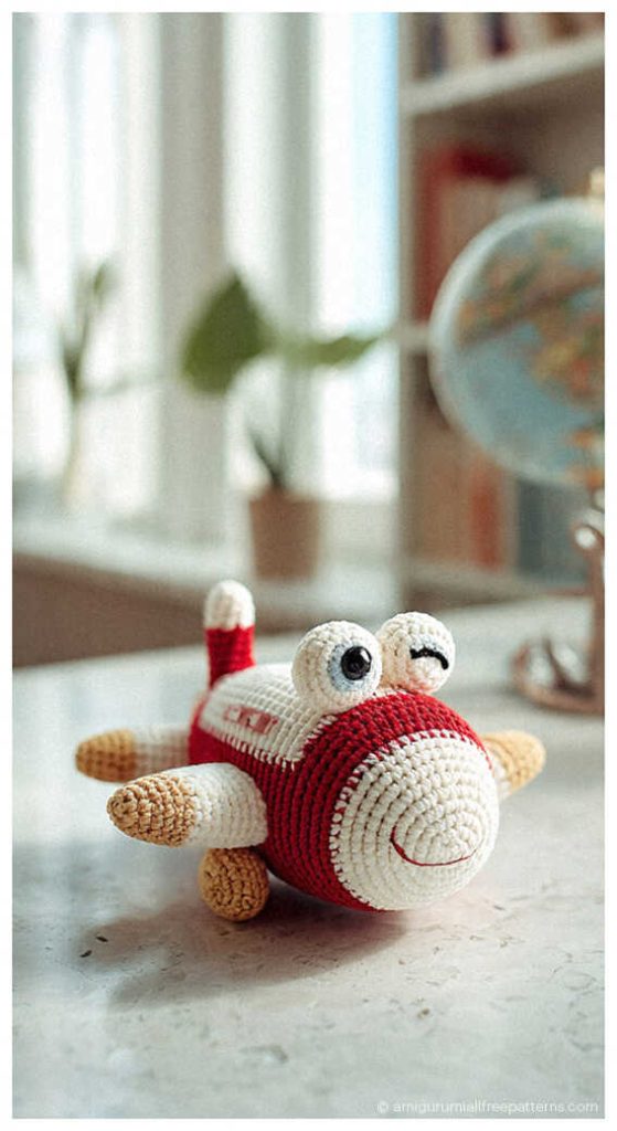 Red and white airplane amigurumi on nursery desk with globe, styled as a handmade crochet kids toy for travel themed nursery decor.