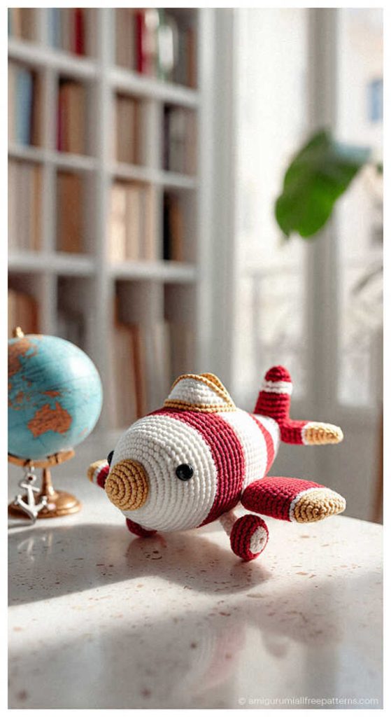 Red airplane amigurumi with striped wings on shelf beside globe, styled as a handmade crochet toy for aviation themed nursery room decor.