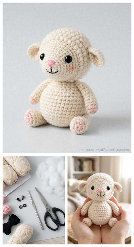 Cute little lamb amigurumi crochet doll with pink cheeks sitting on table, charming handmade plush toy many crocheters love making for gifts.