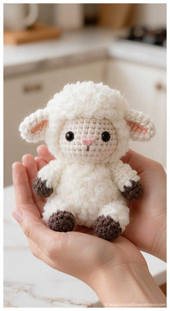 Fluffy lamb amigurumi crochet plush held in hands, cozy handmade toy that makes a perfect nursery decor piece or thoughtful handmade gift.