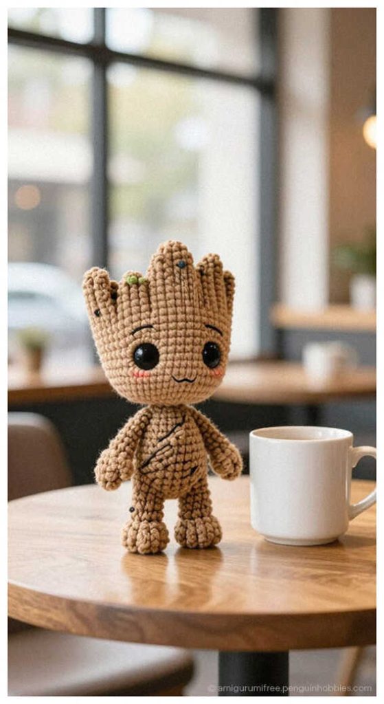 Baby Groot amigurumi sitting on cafe table beside coffee cup, styled as a cute handmade crochet desk decor idea for Marvel fans.