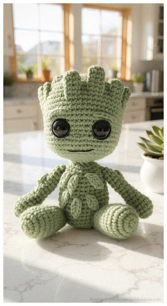 Green Baby Groot amigurumi sitting on marble table, styled as a cute handmade crochet figure for desk decor or Marvel themed room display.