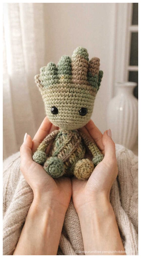Baby Groot amigurumi held in hands, styled as a cute handmade crochet gift idea for Marvel fans and desk decor lovers.