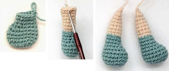 Amigurumi doll legs crochet pieces with blue boots and peach legs shown during assembly steps for the Bjashik amigurumi character.