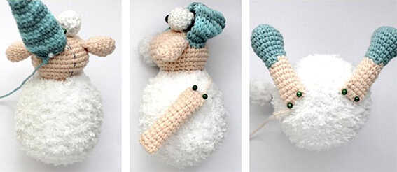 Bjashik lamb amigurumi assembly steps showing hat arms and legs being attached to the crocheted lamb body during the toy construction process.