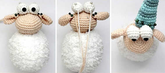 Bjashik lamb amigurumi assembly steps showing head ears eyes and hat placement on the crocheted lamb doll before finishing the toy.