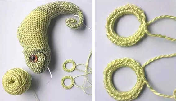 Chameleon amigurumi crochet body with eye base pieces prepared, handmade lizard toy parts shown before assembly for a detailed crochet pattern process.