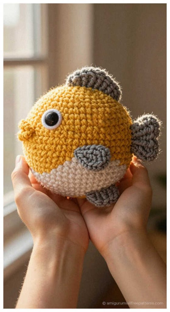 Fish amigurumi crochet plush with round shape and bold colors, cute handmade toy that makes a perfect nursery decor piece or gift.