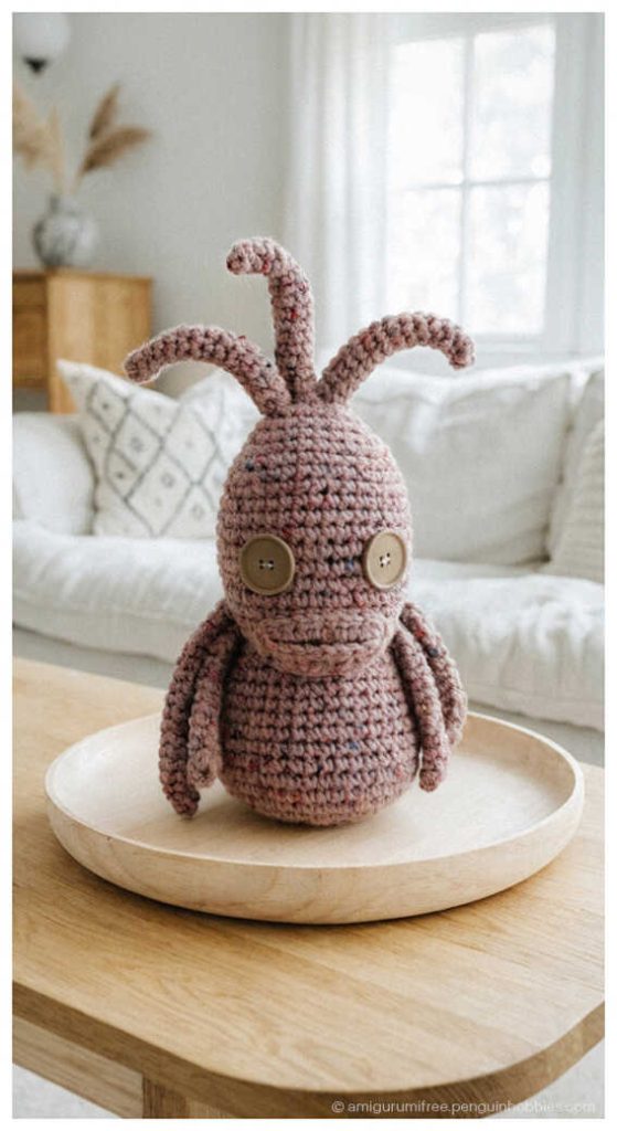 Brown alien amigurumi crochet figure sitting on wooden tray, styled as a handmade space themed plush toy for desk decor or unique gift idea.