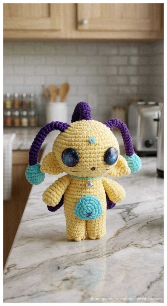 Colorful alien friend amigurumi crochet character standing on kitchen counter, styled as a fun handmade sci fi plush toy for desk decor or gift.