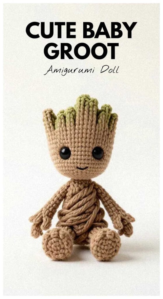 Cute Baby Groot amigurumi doll with tree texture details, styled as a handmade crochet gift idea for Marvel fans and collectible decor.