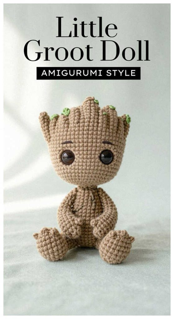 Little Groot amigurumi doll sitting with big eyes, styled as a cute handmade crochet gift idea for Marvel lovers and collectible decor.
