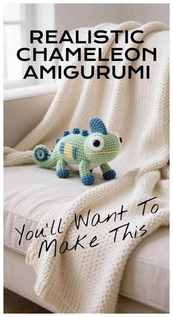 Chameleon amigurumi crochet toy on cozy blanket, you’ll want to make this right away, perfect for unique gifts or creative home decor.