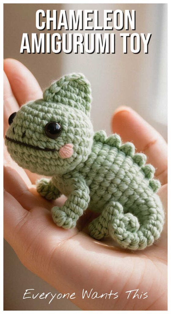 Chameleon amigurumi crochet toy held in hand, you’ll want to make this cute design today, free pattern available in the link for fun crochet projects.